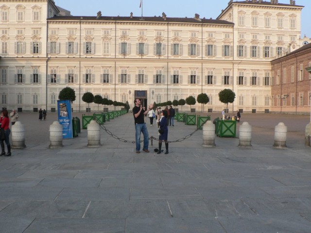Roadtrip!!  Mike, Brendan, Sara and I took a drive to Turin, Italy.  Turin is said to be a magic city.  Here we are at the center of the Piazza Castello, said to bisect the black magic and white magic halves of the city.