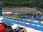 We were sitting in great seats, right in front of the transition area.  The bike leg was hot and hilly so everybody mostly stayed in one big pack..