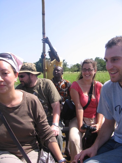 Here we are on a hippo lake in a wooden canoe.  Our guide brought a teapot to help bail out water when necessary.