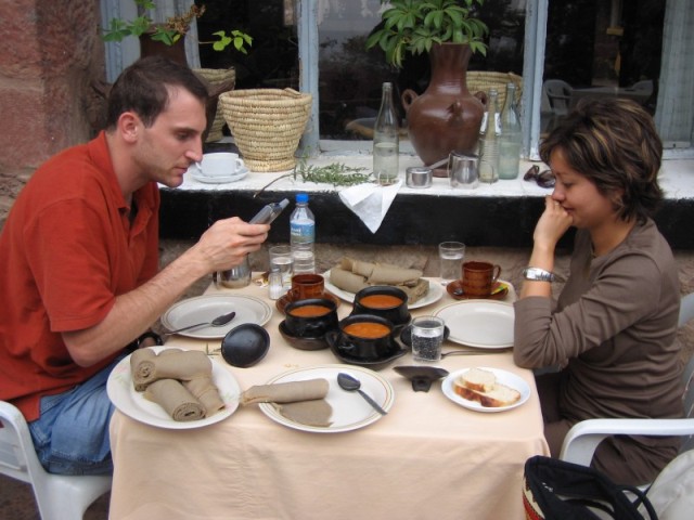 Maya and I picked Sara up from the airport the night before, and this morning we took a short three hop flight to the town of Lalibela.  Here we are at breakfast, fueling up for a grueling day of visiting the churches.