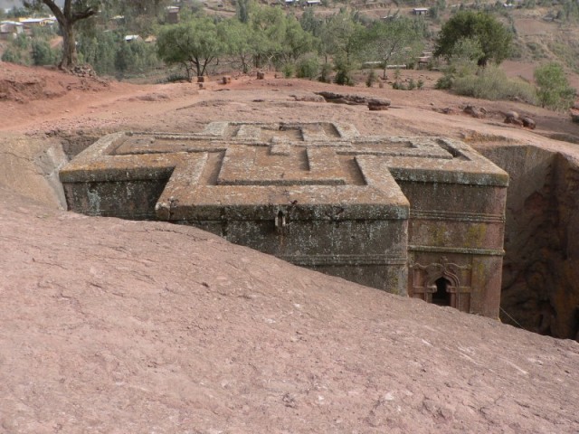 The reason for carving these churches down into the rock was to escape detection from invading armies.  As you can see, this massive beautiful church wouldn't be visible even 100 meters away.