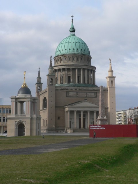 Our first trip was out to Pottsdam.  Here is the St. Nicholas Cathedral.  Notice little Andy waving in front of the red sign.  :-)