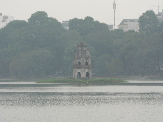 This is the Thap Rua, or tortoise tower, in the middle of the Hoan Kiem Lake.