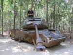 This is the shell of an American tank that ran over a land mine during the war.