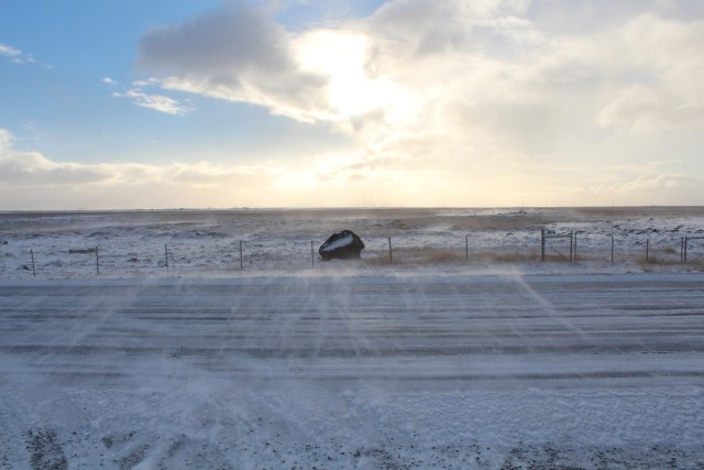 It was only a few hours drive but the conditions quickly went from a beautiful (albeit freezing) day to near whiteout conditions. Here you see us driving from the blue skies into the storm.