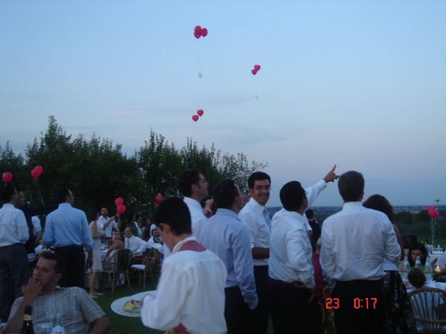 The happy couple asked their guests to write them a nice note on a postcard, attach the postcard to a balloon, and then release it.  Hopefully the postcards will be found and mailed back to them sometime in the coming years.  Such a cute idea!