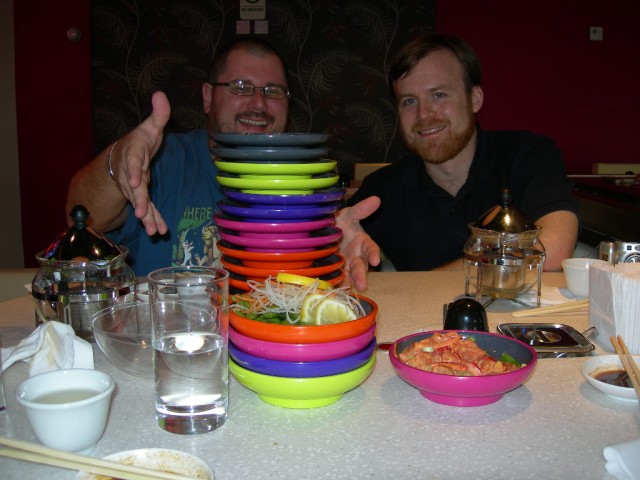 We tried to lighten the mood after by consuming mass amounts of sushi on brightly colored plates.