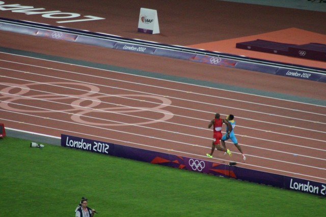 It was a tight race between USA and the Bahamas all the way around the track, but Angelo got caught with 50 meters to go to give the Bahamas the win. It was only the 3rd time the US mens team has ever been beaten in the Olympic 4x400.