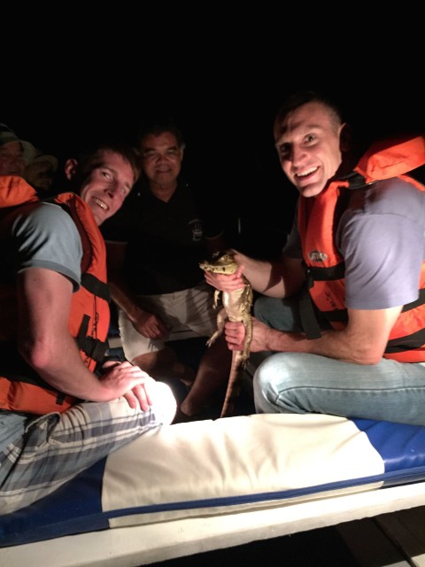 Our first adventure was a night outing on a smaller boat into the flooded forest. Right after our guide Ruben gave us his safety spiel about wearing life jackets, he took his off, climbed onto the bow of the boat, and grabbed this little baby cayman out of the water. Caymans are a relative of the crocodile but are not aggressive.