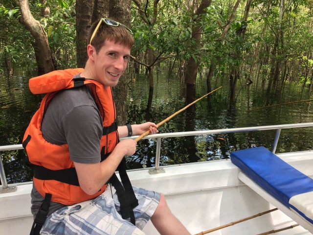 The next morning we went fishing for piranhas. Notice the flooded forest in the background.