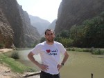 I pose triumphant at the entrance to Wadi Rum.  My shirt reads "I Love NY" in arabic.