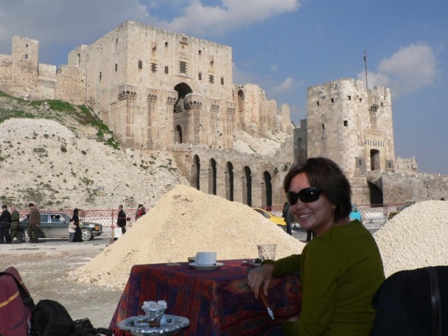 The citadel in Aleppo was originally built as a crusader castle.  It still dominates the city skyline from atop a large hill overlooking the city.  We're having tea and enjoying the view.  :-)