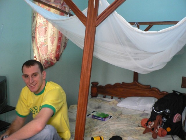 Sara and I arrived in Dar Es Salaam, Tanzania this evening and took a taxi to the Msimbazi Center where we were going to stay.  It is a catholic mission which has some clean and cheap rooms.  Notice the mosquito net above the bed- this would be a feature of almost every room for our 6 week trip.