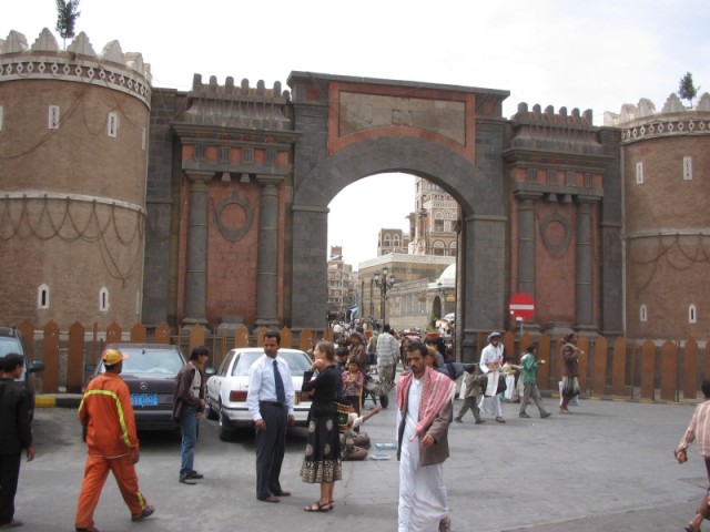 Outside of Bab al-Yaman with Maya and our guide.  This is the most famous gate to the old city of Sana'a.