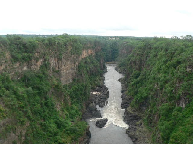 This is the view of the Zambezi river from the Victoria Falls Bridge.  You can just see the beautiful Victoria Falls Hotel on the far cliffs above the river.